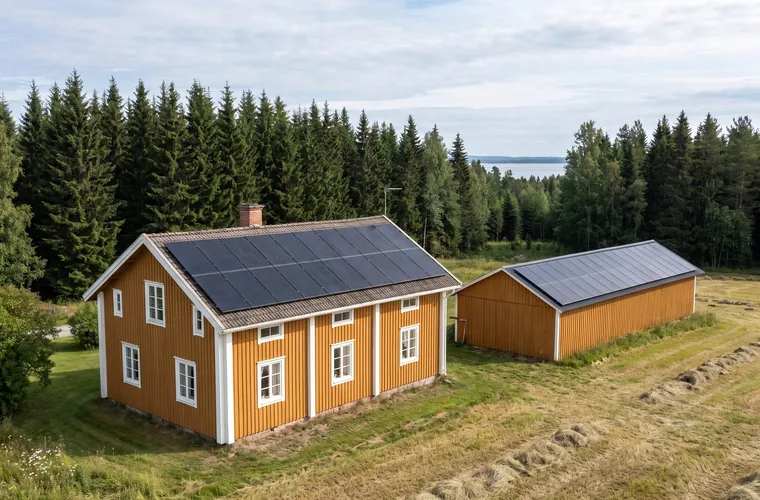 Hus i Hälsingland med solceller på taket, barrskog och Bottenhavet i bakgrunden